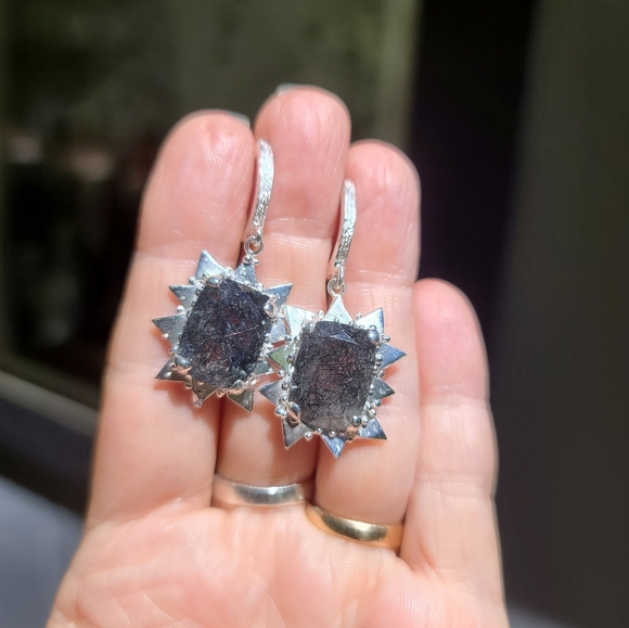 Rutilated quartz sterling SUNburst earrings - Picture 4 of 8